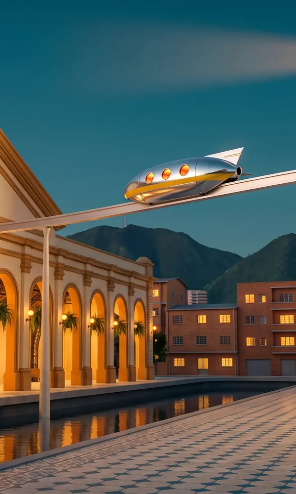 La estación Cisneros de noche en la ciudad ilustrada de Aurora: los arcos encendidos y la cápsula del metro pasando sobre su riel, con las montañas al fondo.