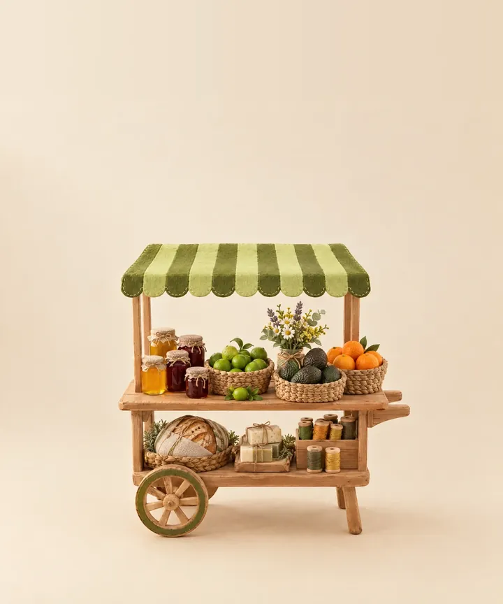 Un carrito de mercado de tela con toldo de rayas, frutas, panes y frascos.
