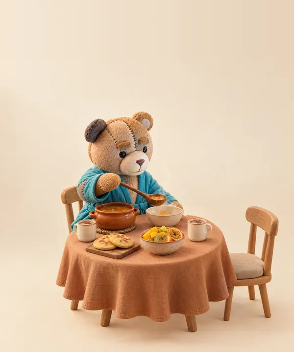 El oso de peluche almorzando en una mesa con mantel.