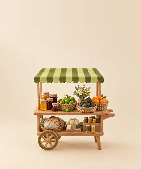 Un carrito de mercado de tela con frutas, panes y frascos.