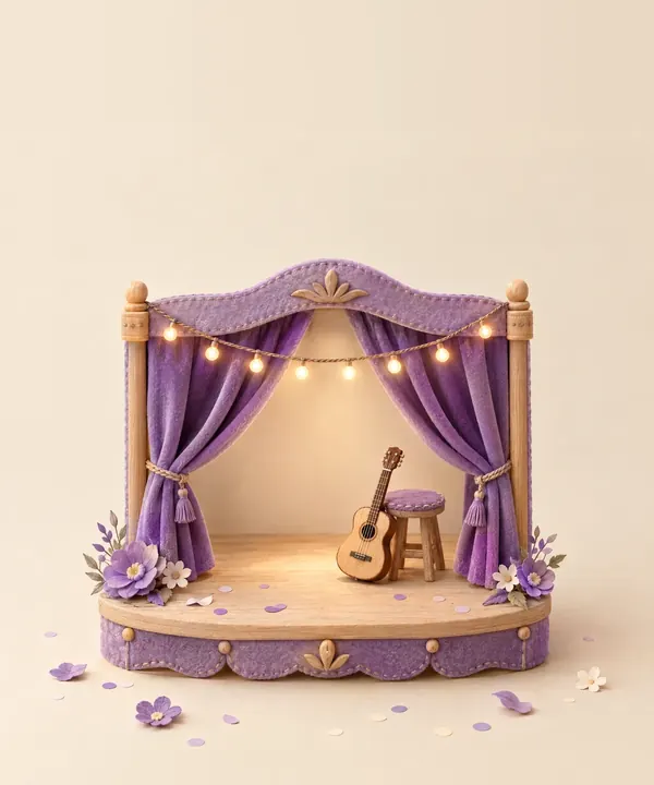 Un teatrino de tela con cortinas moradas y una guitarra.